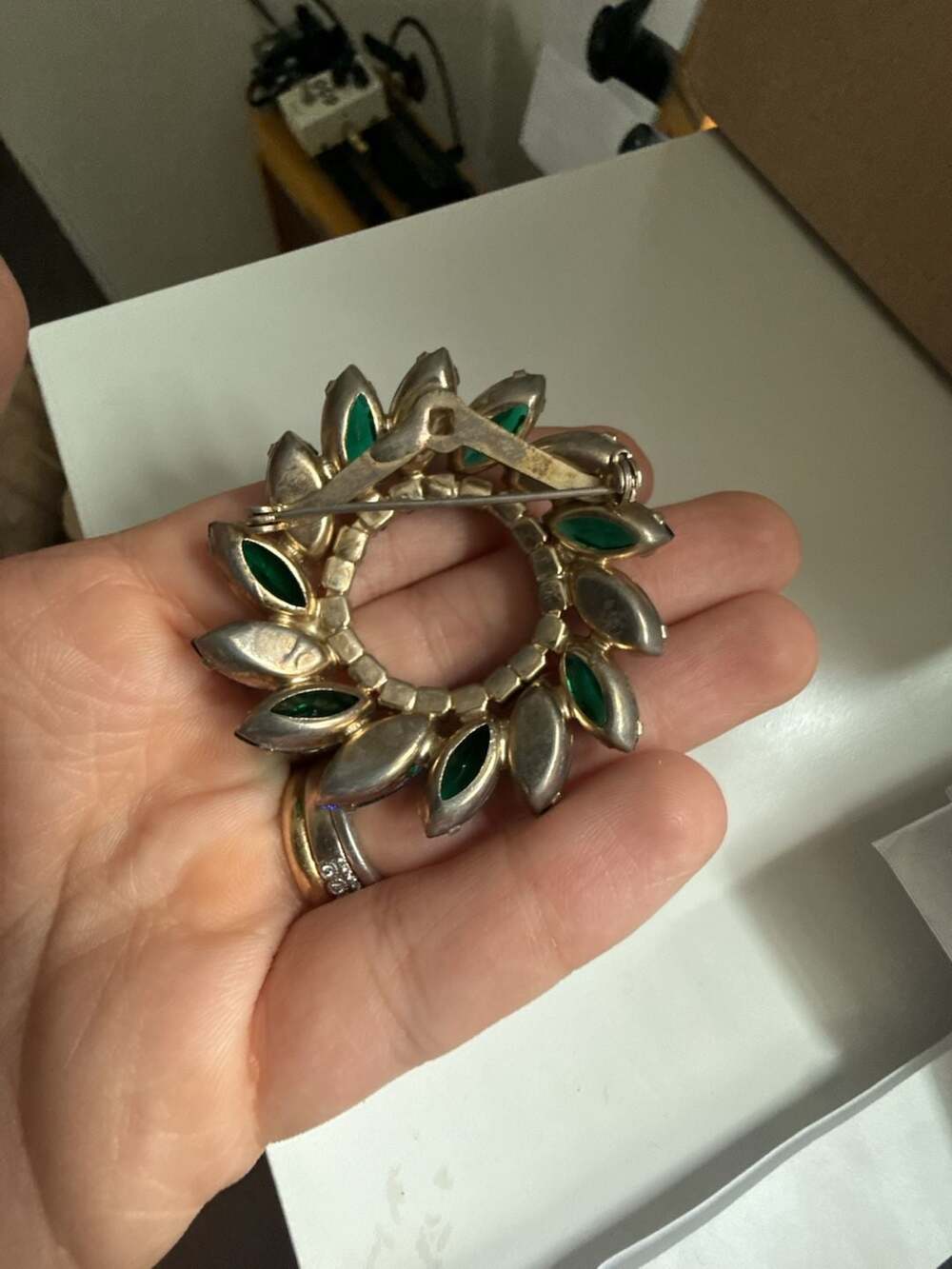 Vintage Mid-Century Blue and Green Navette Rhinestone Wreath Brooch - Picture 3 of 4